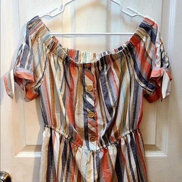 Blush size XL coral & blue striped linen look  dress slightly off shoulder - Picture 6 of 10